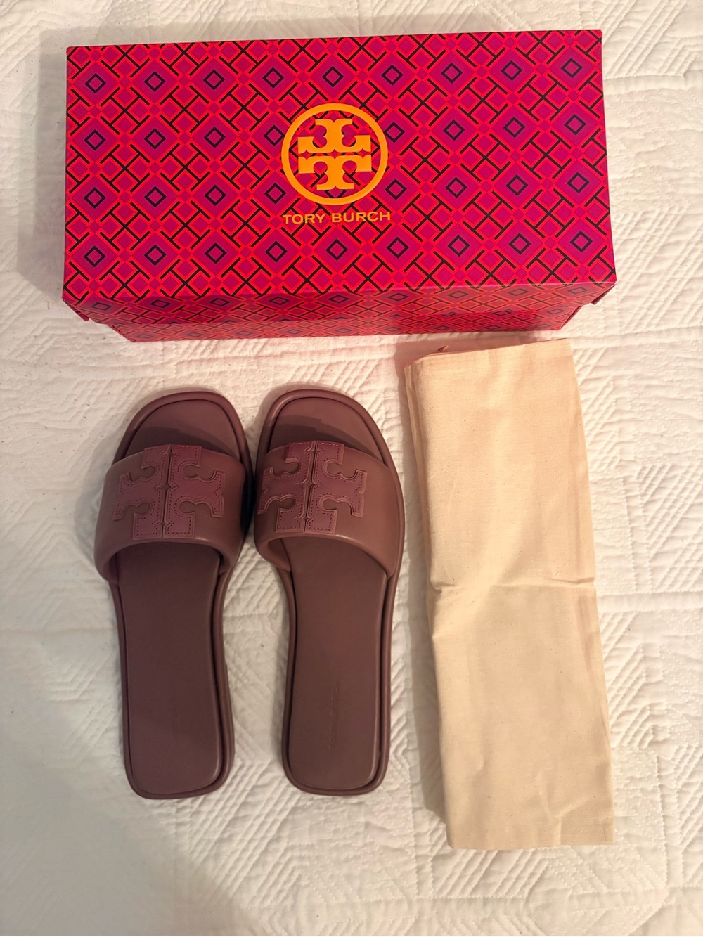 NWT/NIB Tory Burch Cipria Pink Logo Slide Sandals